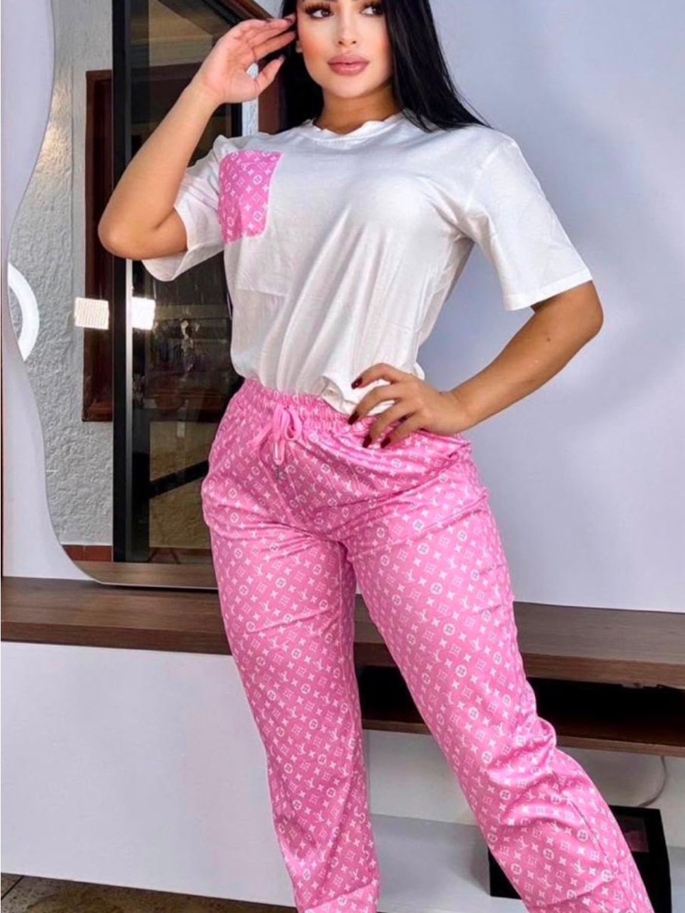 Women's Pink Patterned Lounge Set - White Top & Pink Pants size S